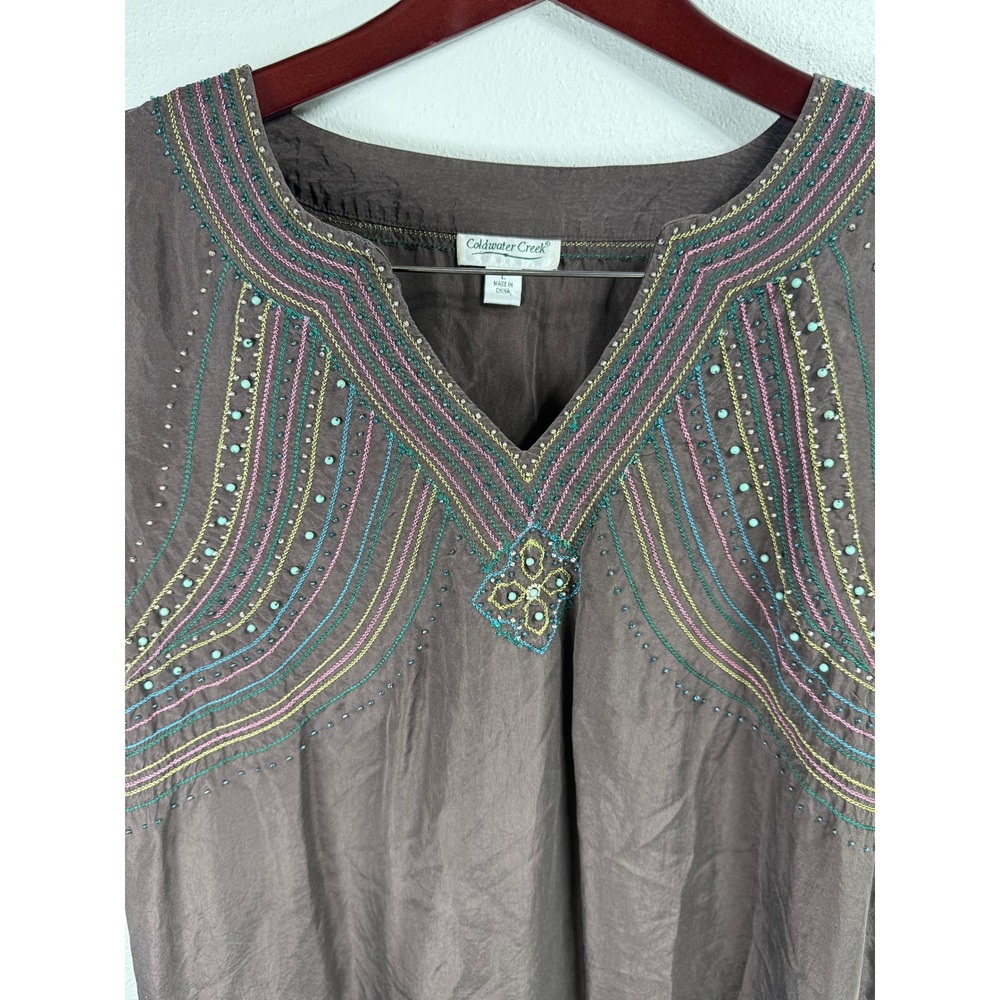 Coldwater Creek Brown 100% Silk Beaded Embroidered Tunic Top Womens Large Boho - Picture 7 of 10